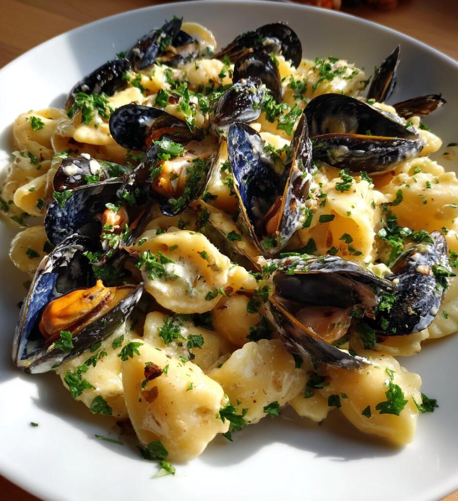 pasta med musslor i vitvinssas